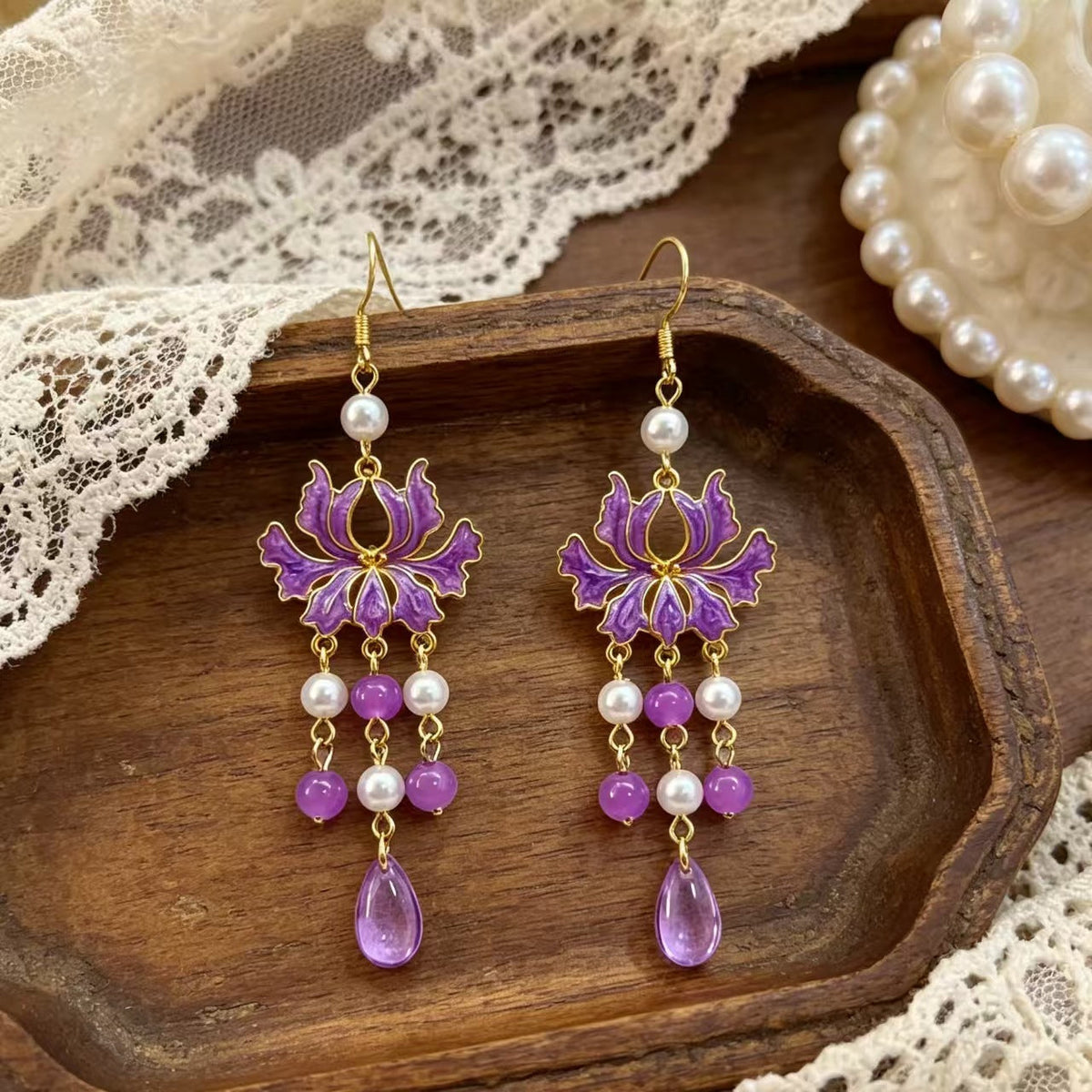 Chinese Style Purple Lotus Tassel Light Luxury Ancient Han Clothing Earrings