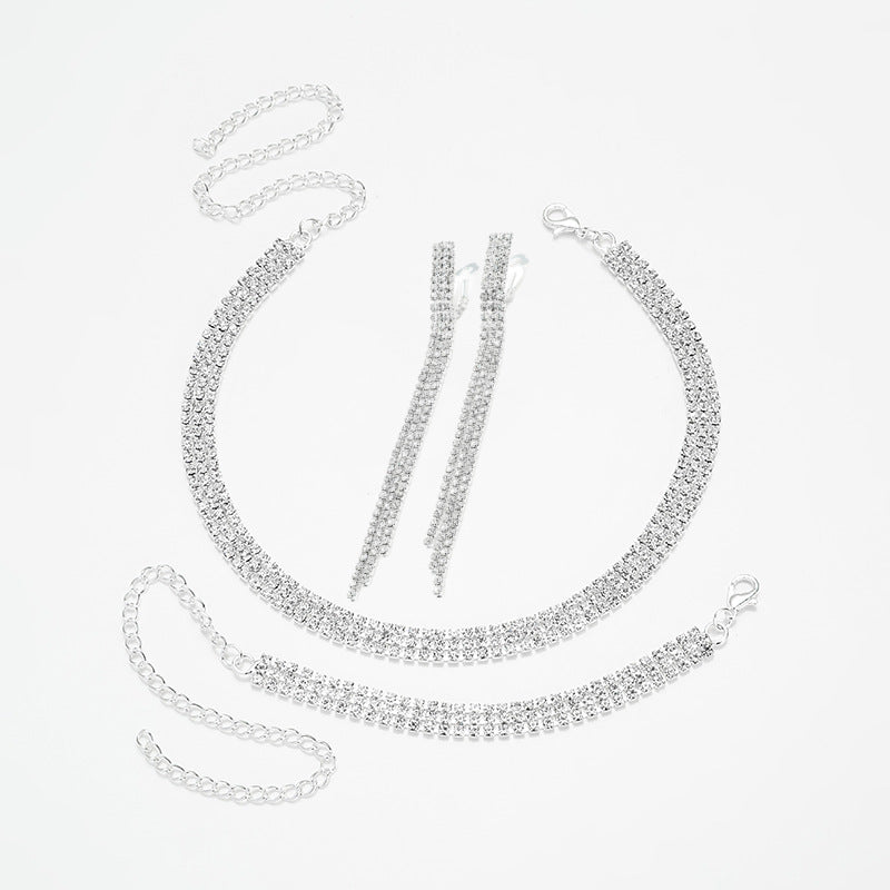 Women's Rhinestone Three-row Dense Suit Bride Wedding Necklace