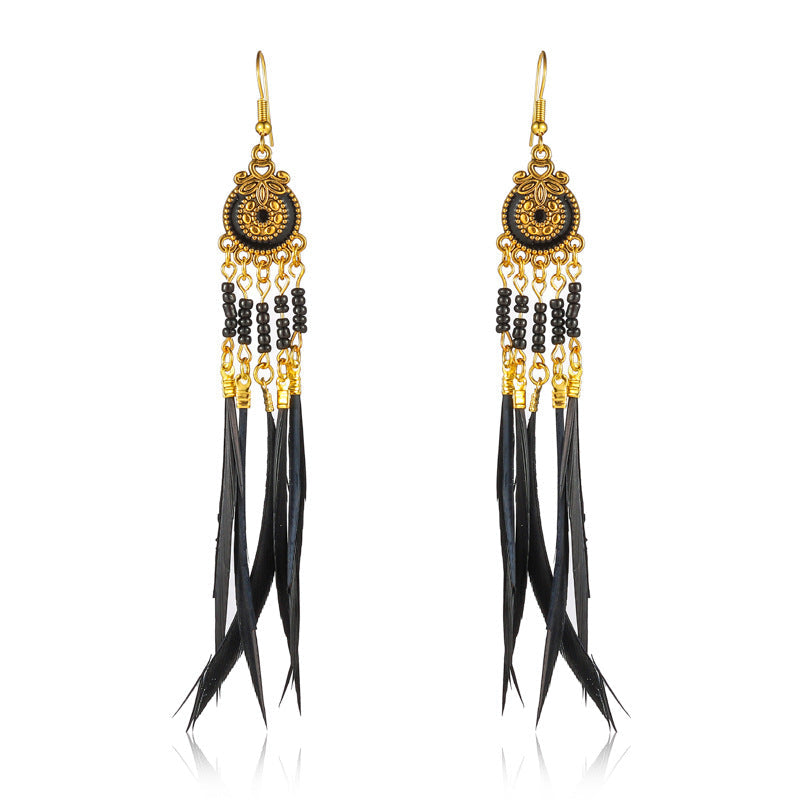Women's Oil Dripping Round Small Colorful Feather Slimming Long Tassel Yunnan Stud Earrings