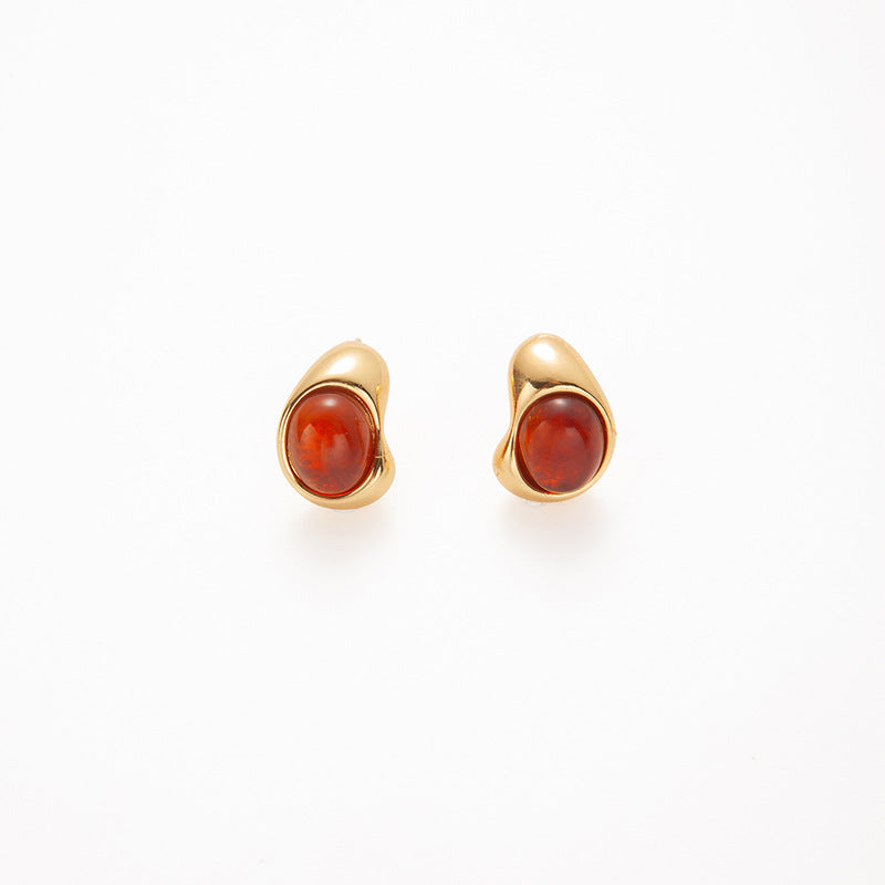 Women's Simple Stainless Steel Amber Round Temperamental Minority Stud Earrings