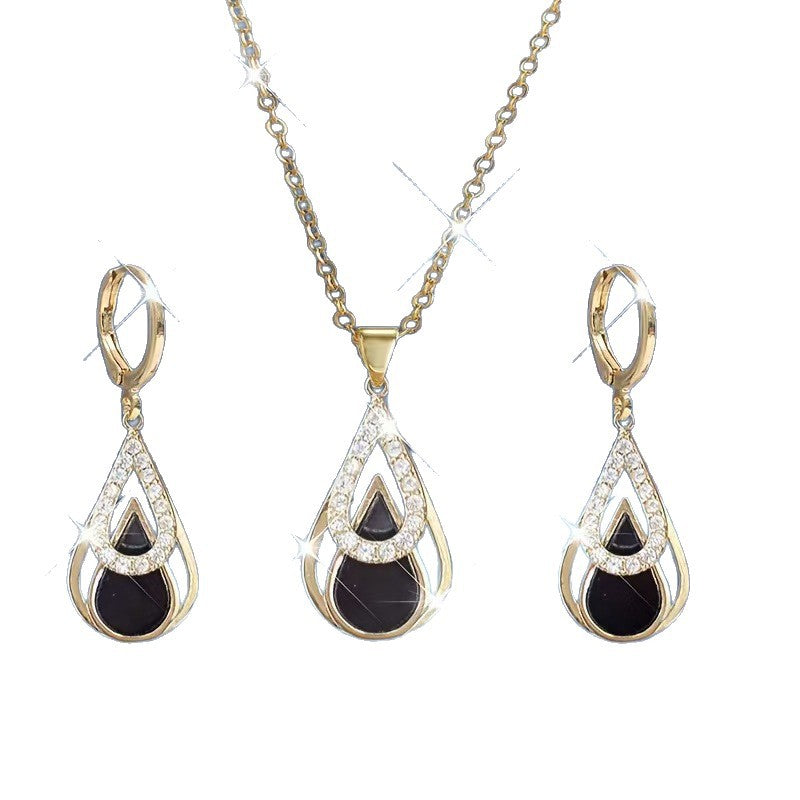 Luxury Advanced Diamond Fashion Black Water Drop Hollow Simplicity White Jewelry Set
