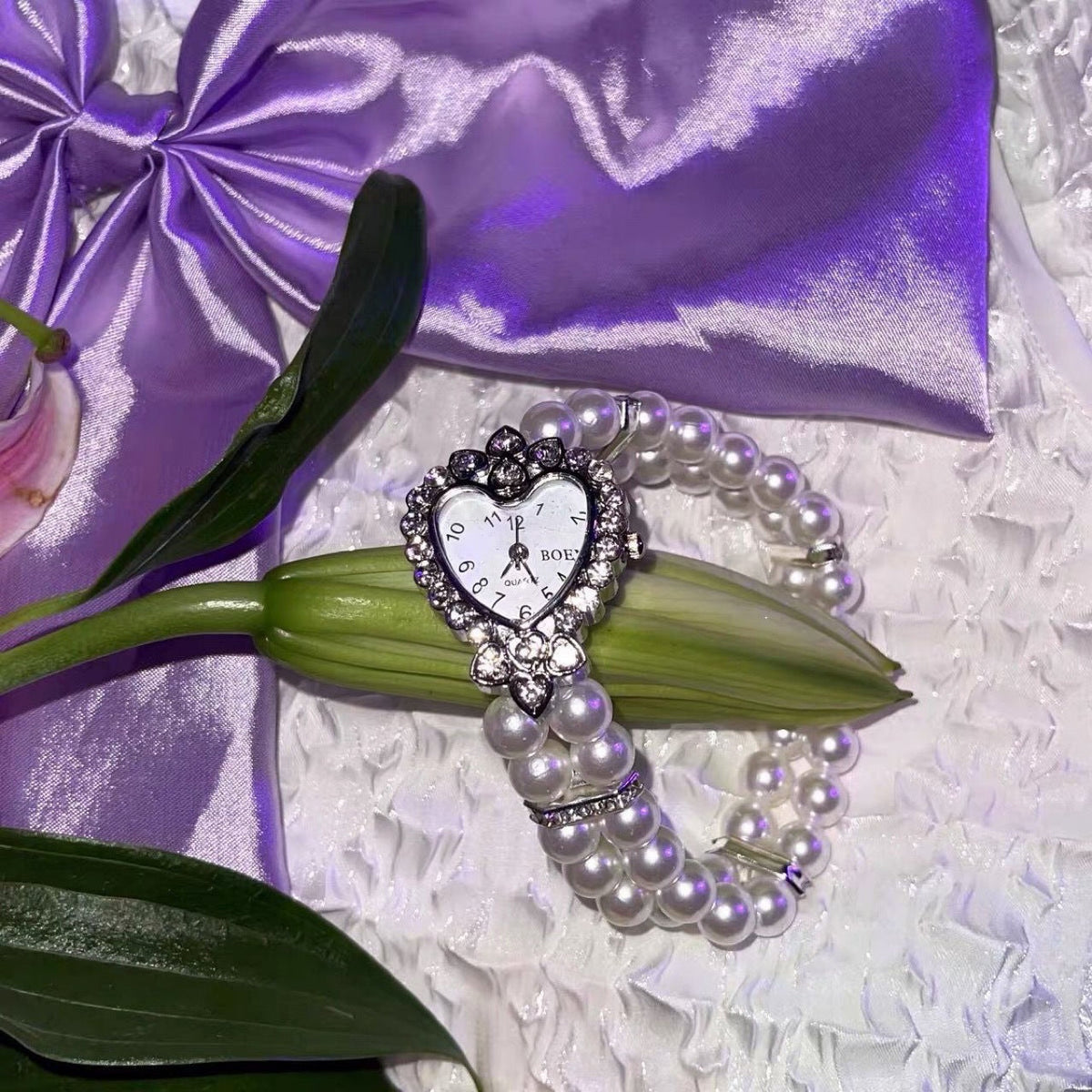 Women's Pearl Heart Watch Diamond Cross Elastic Bracelet