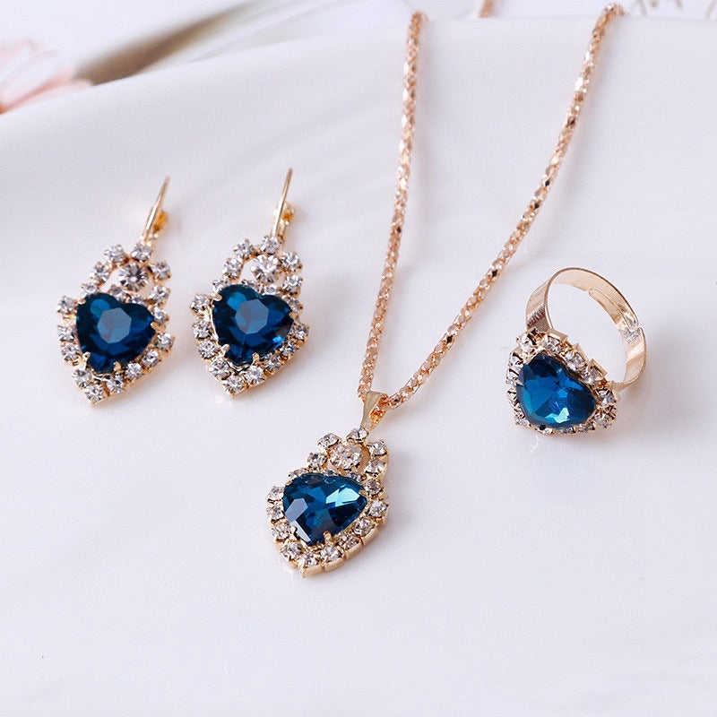 New Water Drop Heart-shaped Three-piece Jeweled Earrings