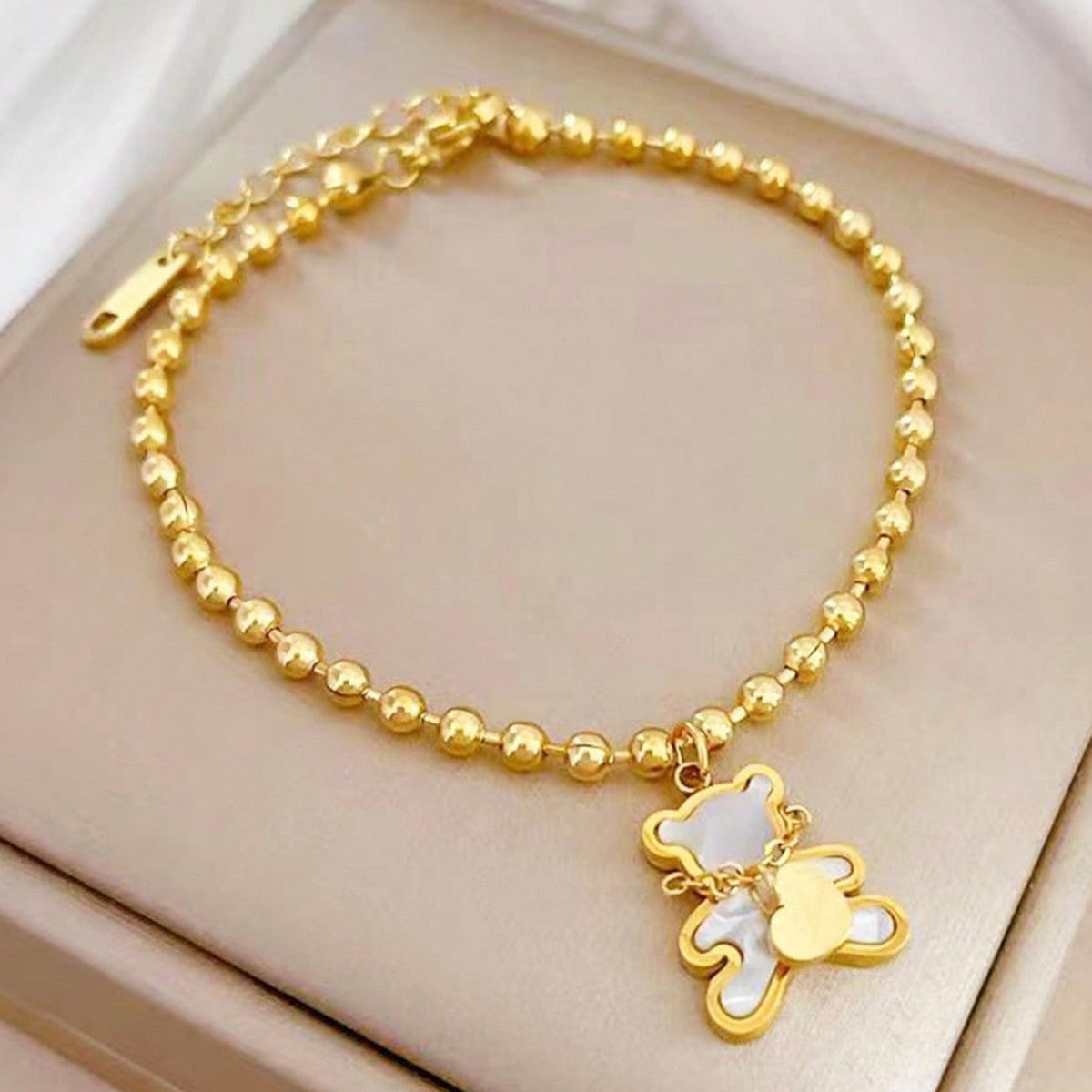 Steel Cute White Shell Heart Golden Bear Suit Jewelry Set