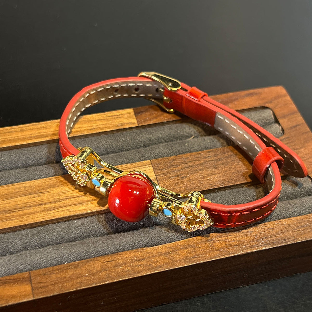 Coral Leather Watch Strap Adjustable Chinese Style Red Jewelry Set