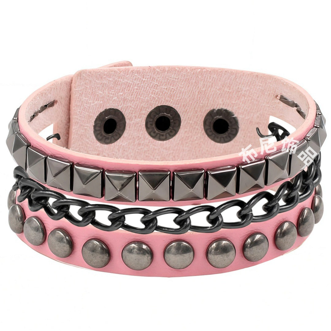 Protection Leather Fashion Punk Dark Black Square Round Bracelet