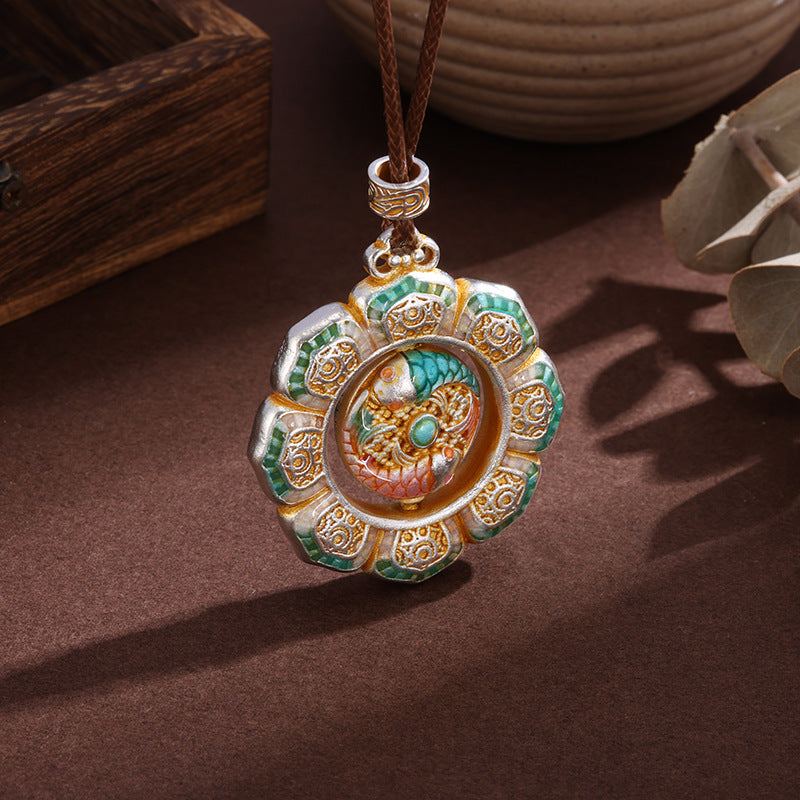 Copper Sier-plated Enamel Double Fish Lotus National Style Chinese Koi Necklaces
