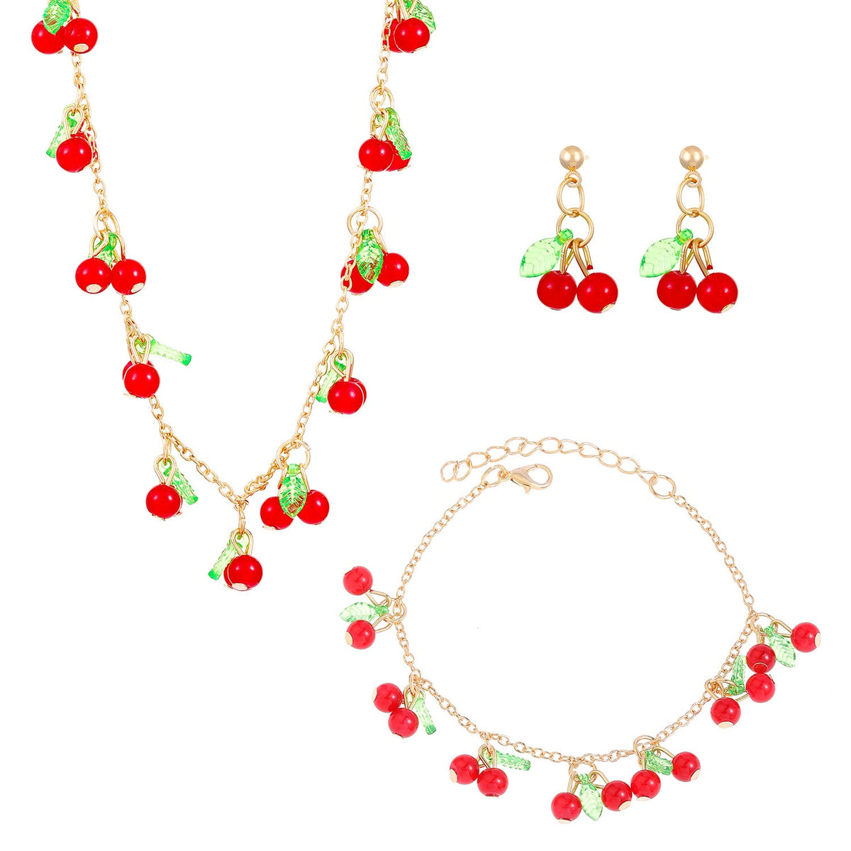 Cherry Strawberry Leaf Three-piece Sweet Elegance Jewelry Set