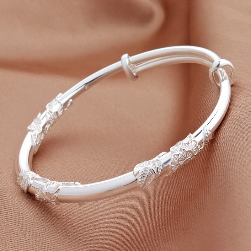 White Copper Sier-plated Push-pull Flower Simple Fashion Solid Female Girlfriend Bracelets