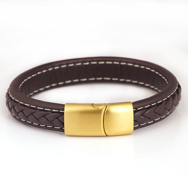 Men's Steel Stainless Magnetic Snap Genuine Leather Rope Bracelets