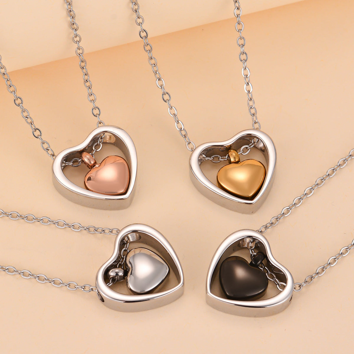 Double Peach Heart Stainless Steel Open Cinerary Casket Pendants
