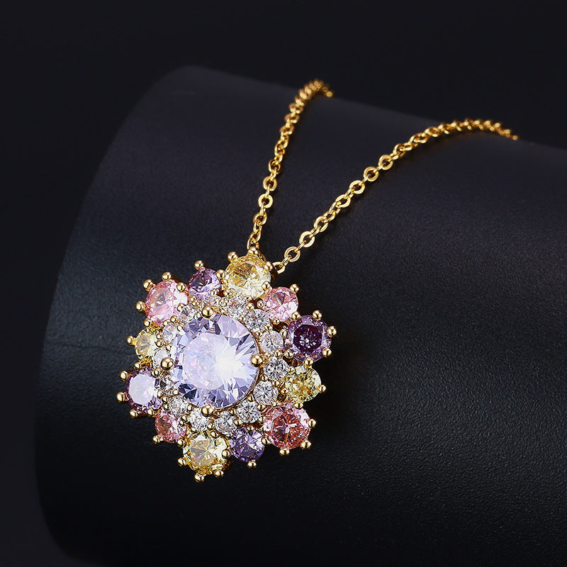 Colored Gems Sunflower Ear Gold-plated Full Rhinestone Necklaces
