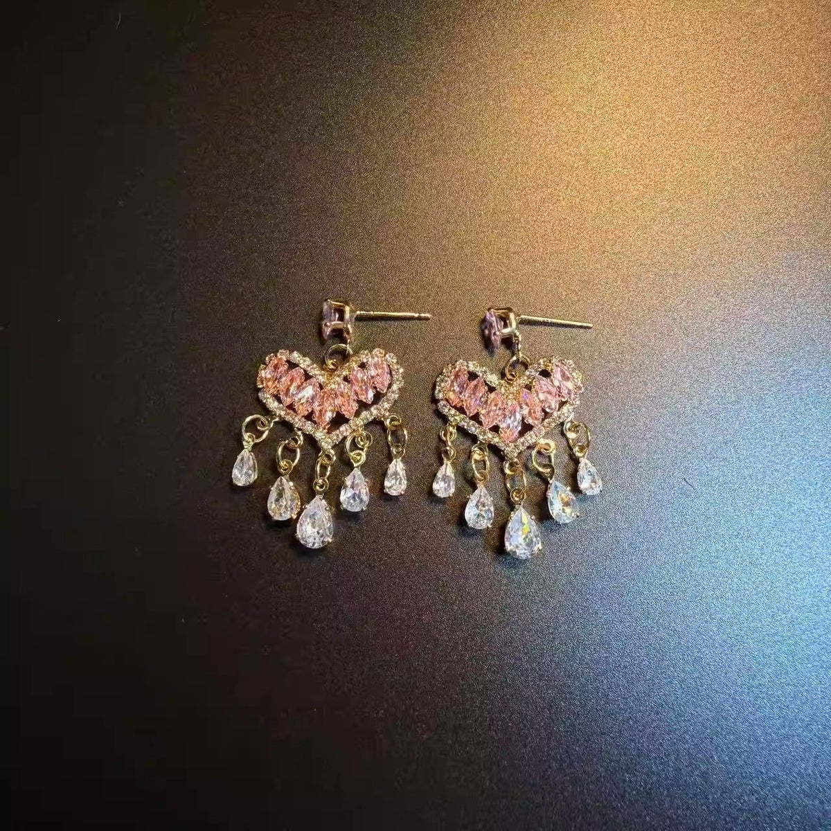 Women's Love Heart Light Luxury Rhinestone Tassel Water Drop Niche High Stud Earrings