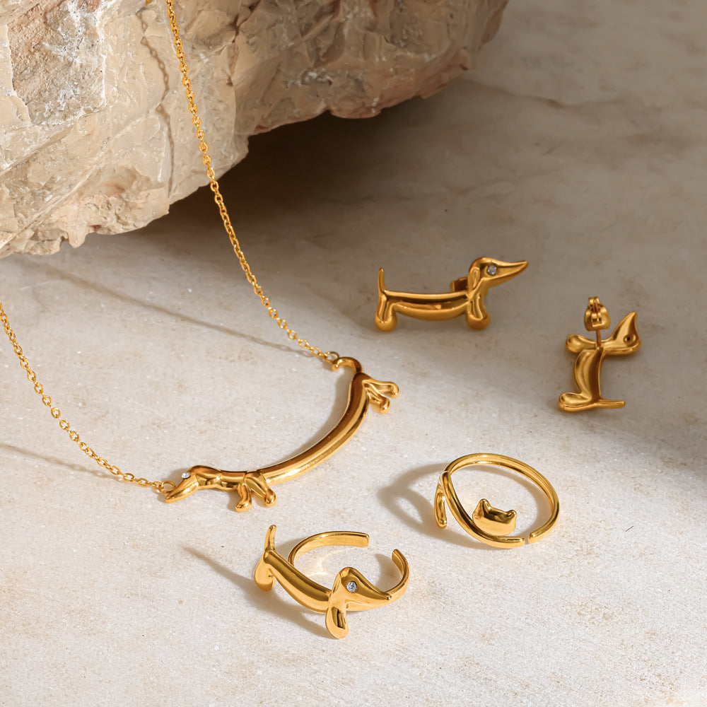 Cute Gold Puppy Sausage Dog Stainless Steel Earrings