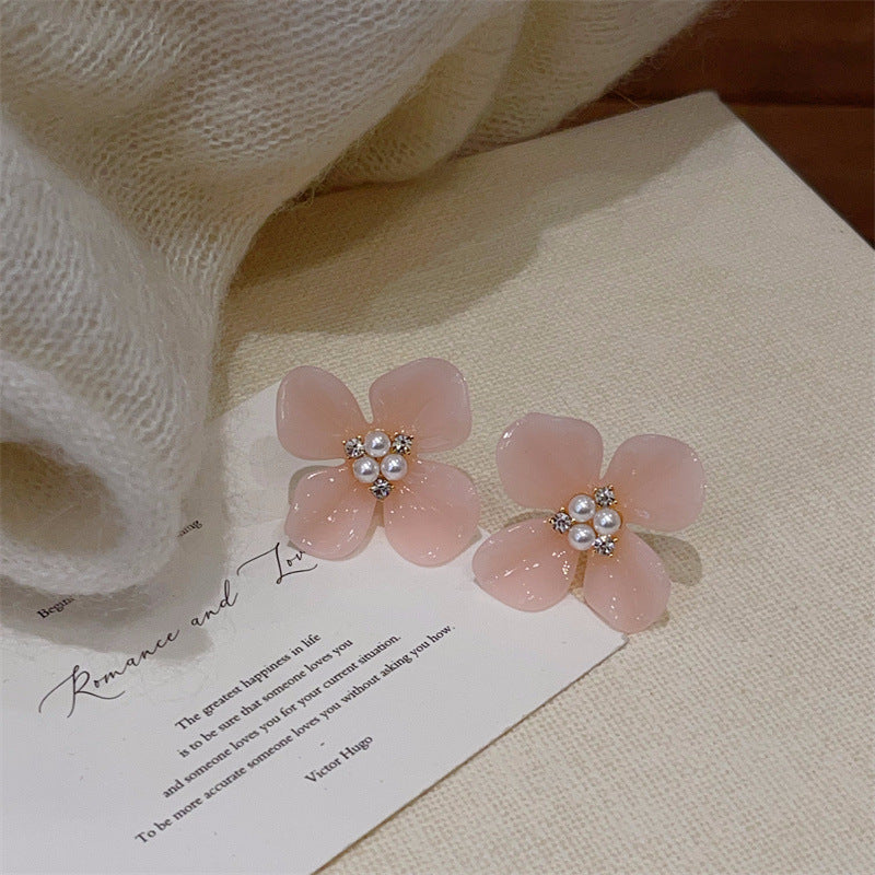 Style Fairy Rhinestone Pearl Resin Flower High-grade Fashionable Earrings