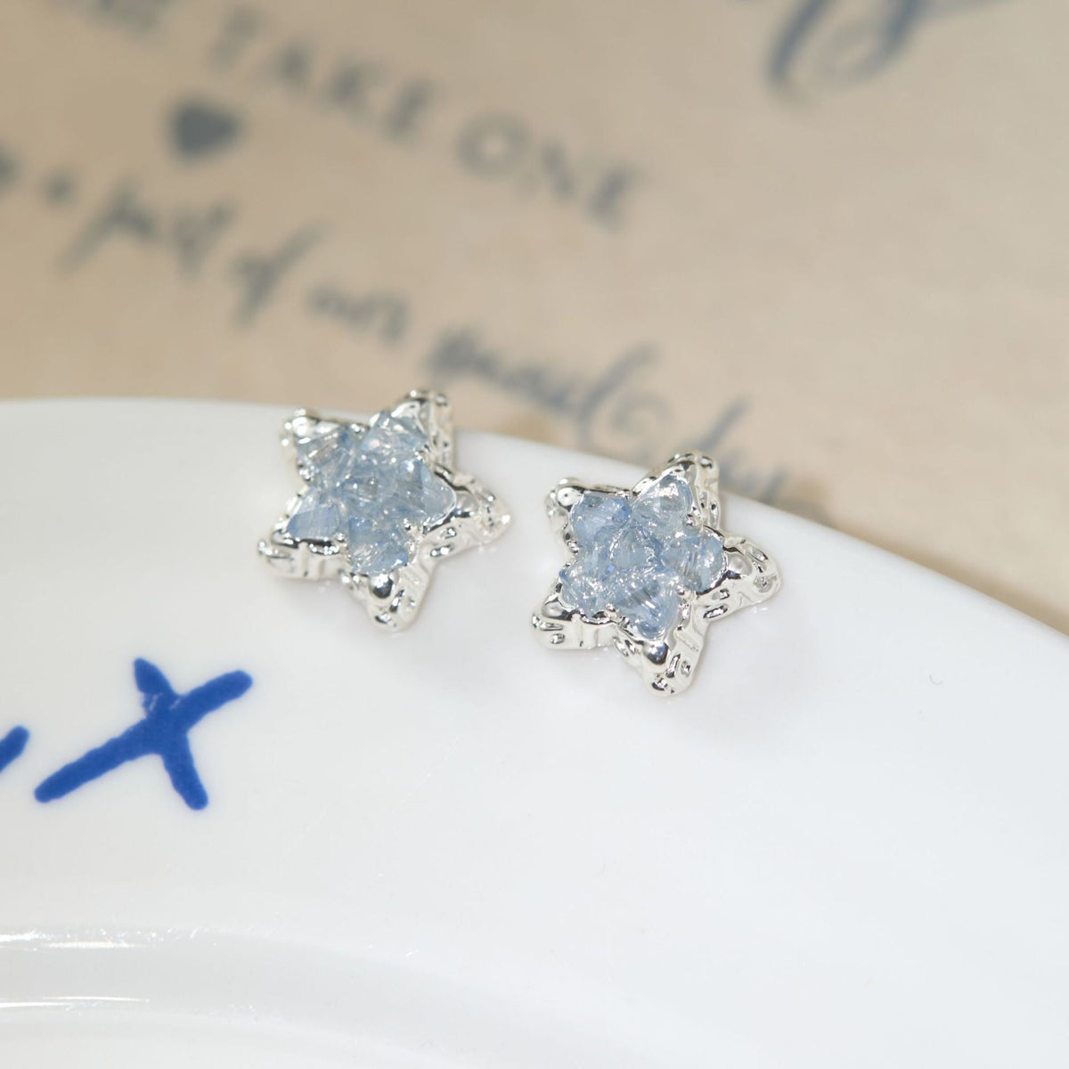 Blue Ice Crystal Fresh Sweet Pentagram Mosquito Coil Ear Clip Earrings
