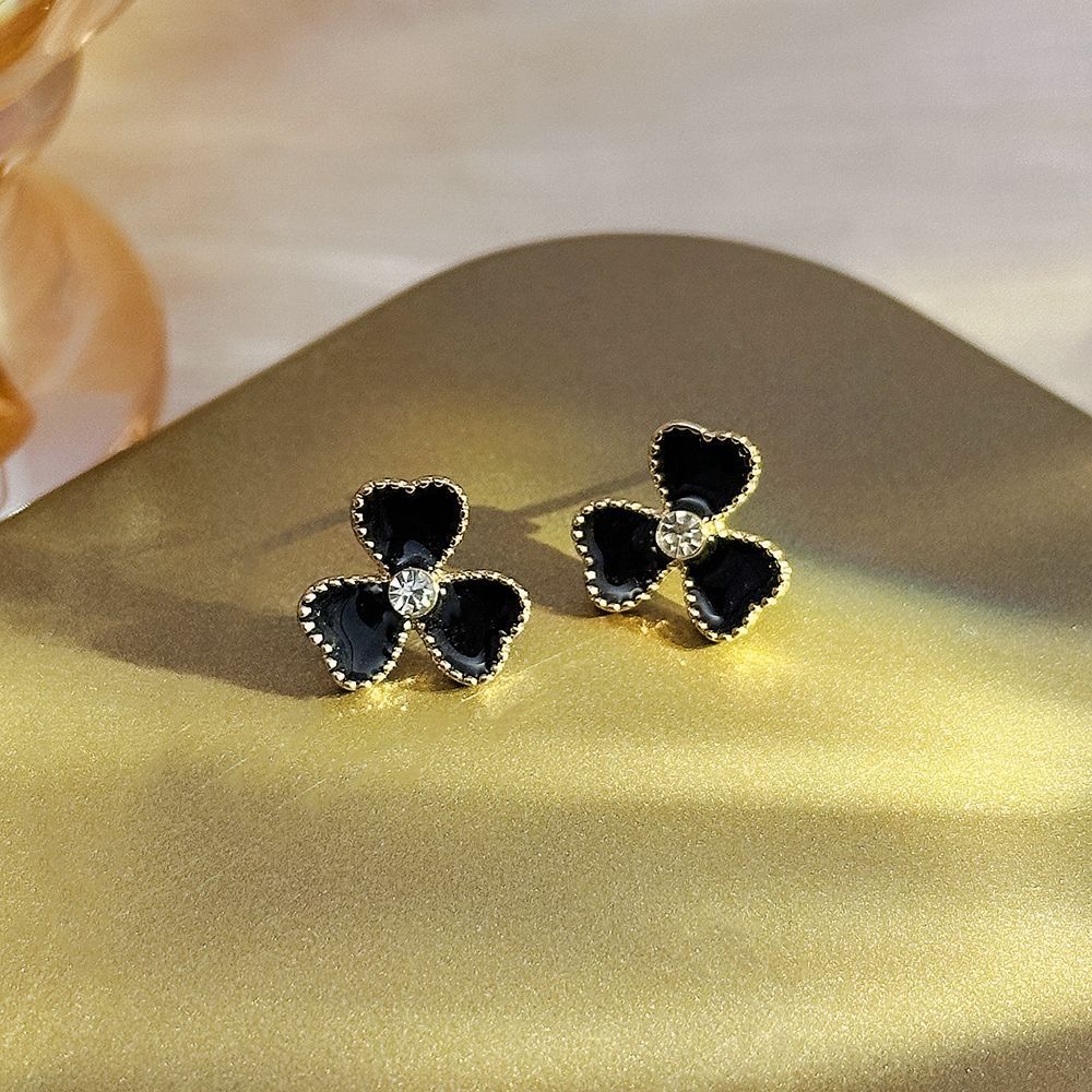 Sier Black Oil Dripping Flower Ear Korean Simple Elegant High-grade Stud Earrings