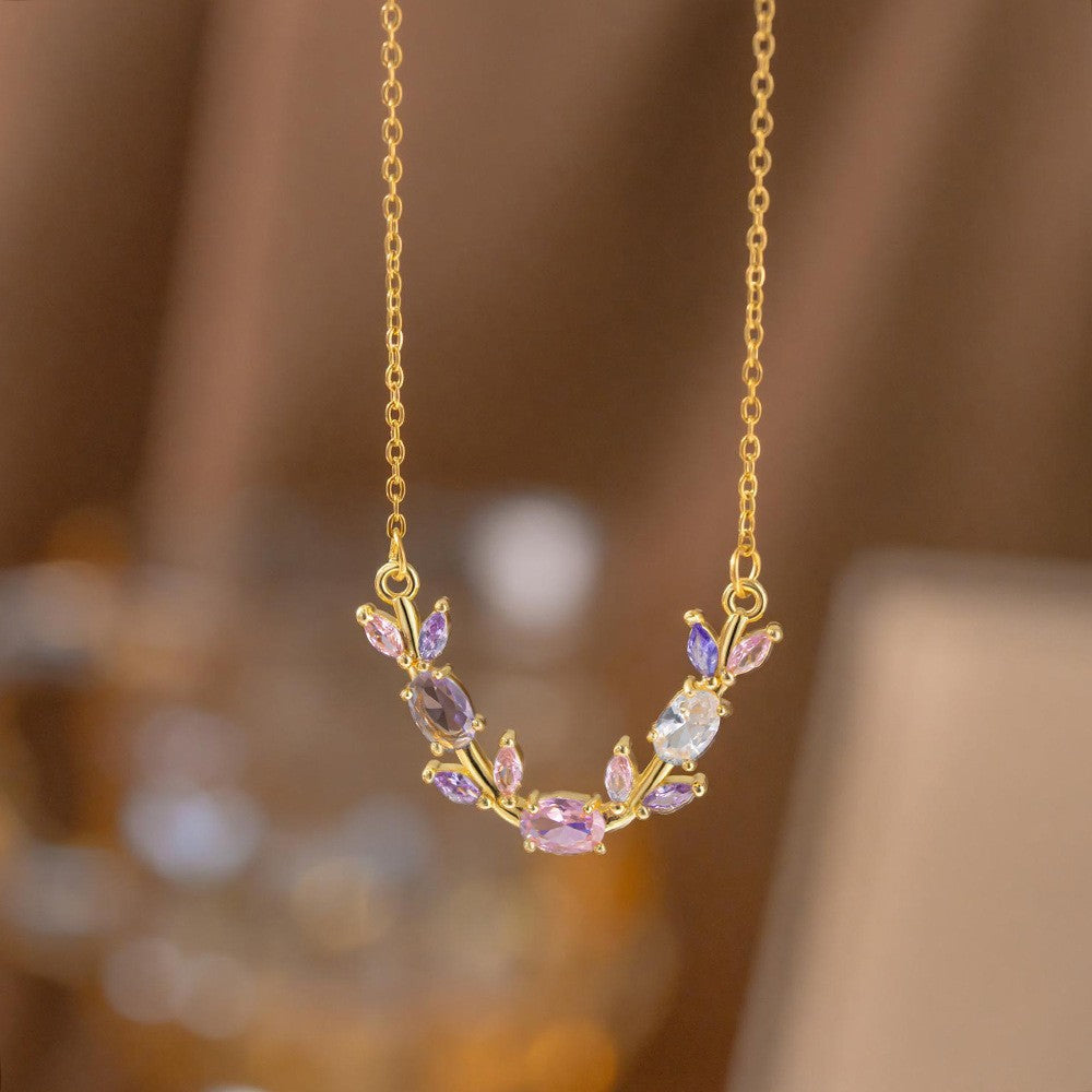 Steel Female Micro Inlaid Pink Diamond Necklace