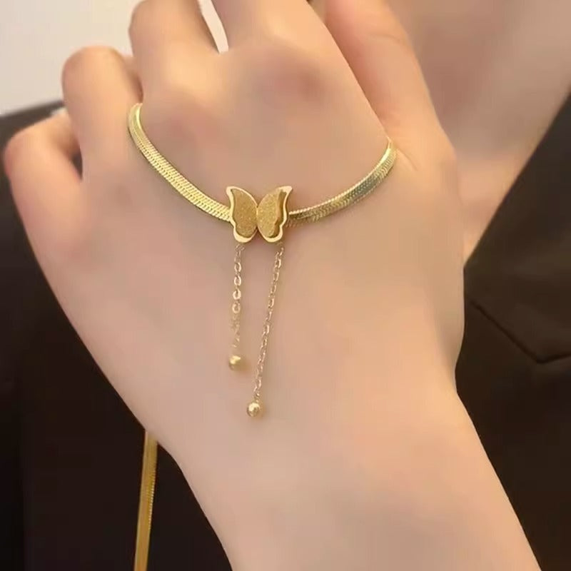 Gold Frosted Stainless Steel Delicate Tassel Snake Necklace