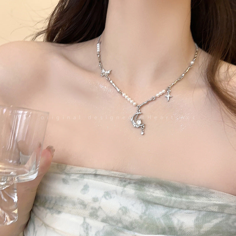 Women's Zircon Pearl Titanium Steel Stitching For Niche Design Clavicle Chain Necklace