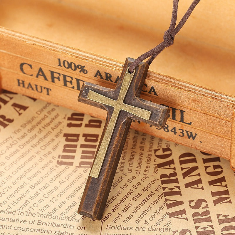 Retro Handmade Double Alloy Wood Cross Boys Long Sweater Chain Pendants