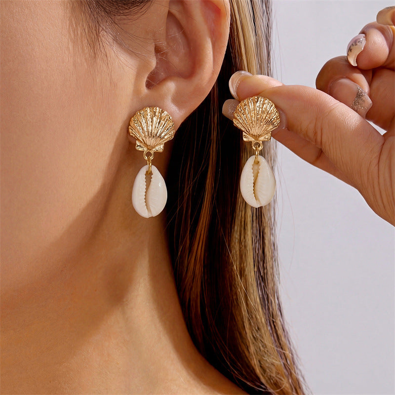 Beach Summer Seaside Starfish Conch Short Scallop Pearl Earrings