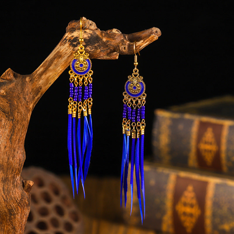 Women's Oil Dripping Round Small Colorful Feather Slimming Long Tassel Yunnan Stud Earrings