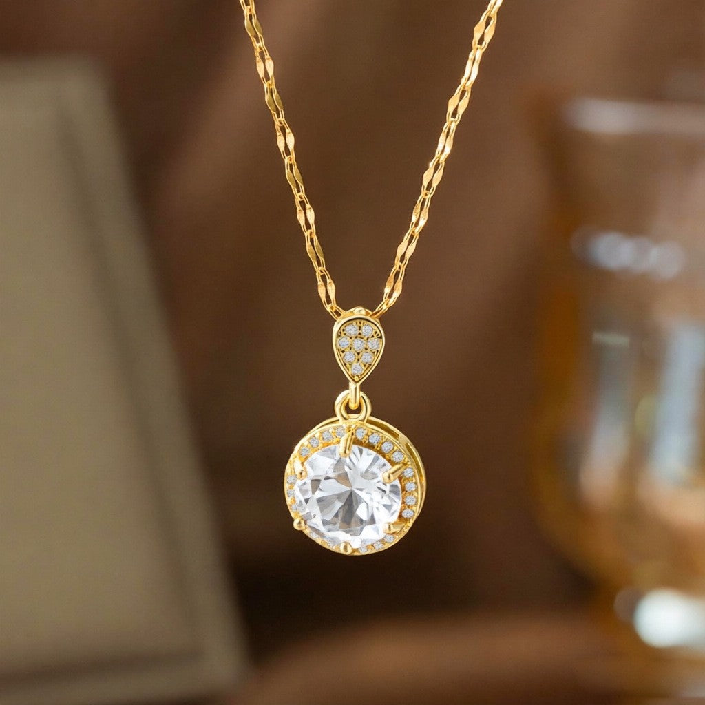 Steel Female Micro Inlaid Pink Diamond Necklace