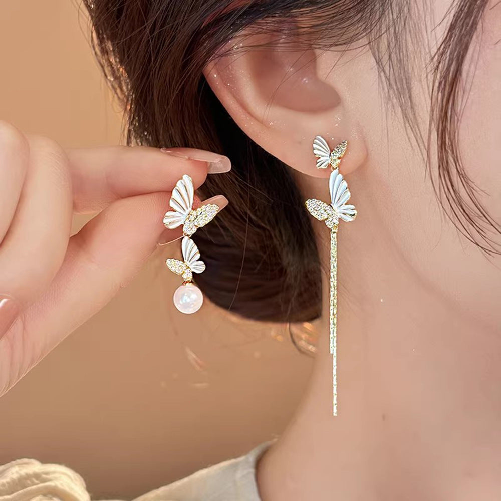 Asymmetric Butterfly Pearl Light Luxury High-grade Elegant Stud Earrings
