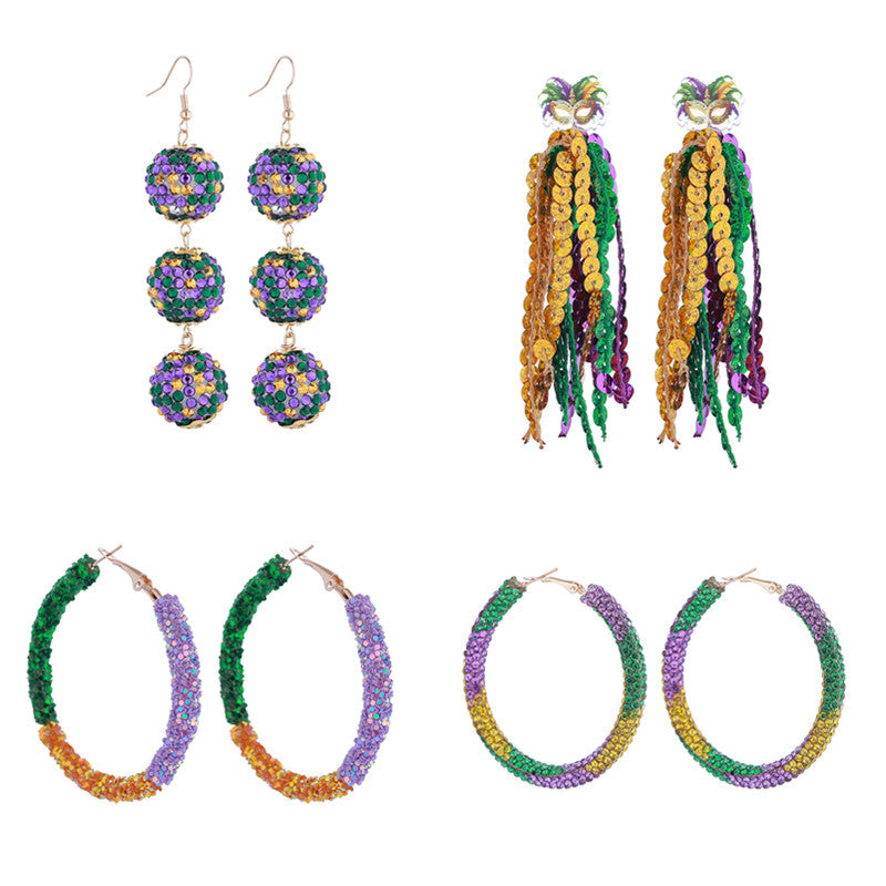 Purple Yellow Green Various Materials Ear Tassel Sequins Rhinestone Ball Earrings