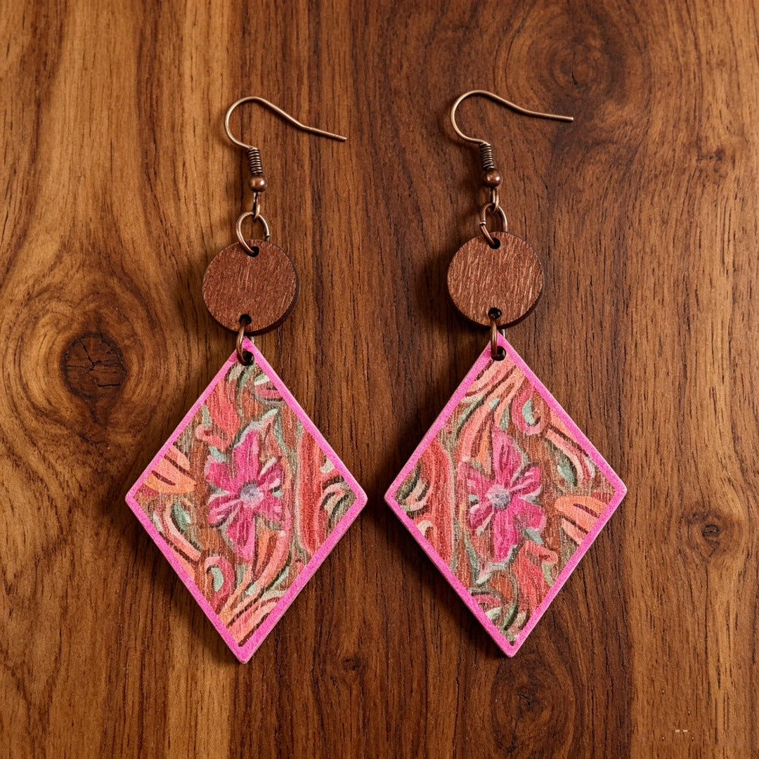 Wood Piece Hollow Lucky Tree Leaf Earrings