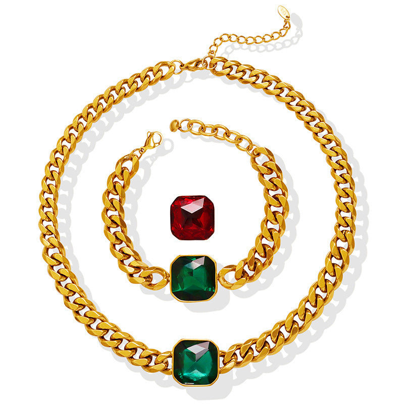 Women's Temperament Exaggerated Personalized Crystal Stone Titanium Steel Metal Cuban Link Necklaces