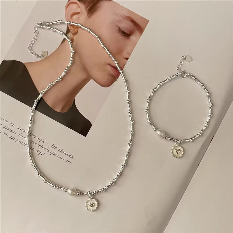 Women's Sterling Sier Handmade Bamboo Heart-shaped Pearl Necklace