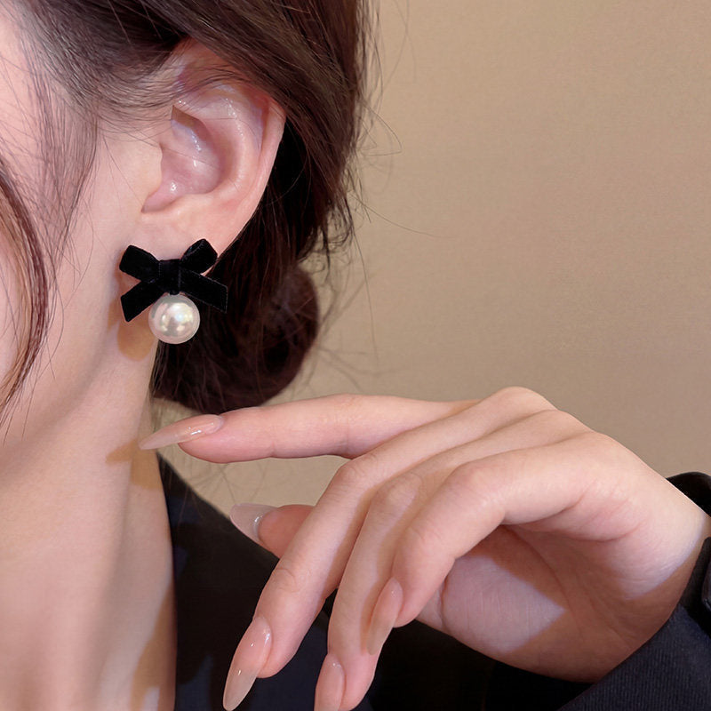 Brown Flocking Bow Bead Retro Red Earrings