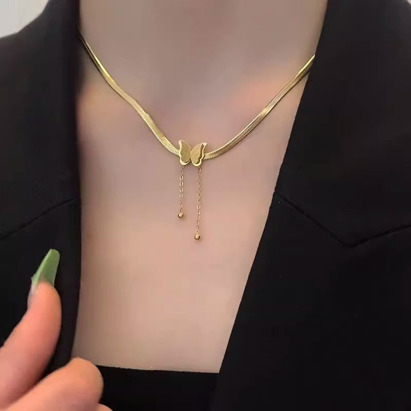 Gold Frosted Stainless Steel Delicate Tassel Snake Necklace