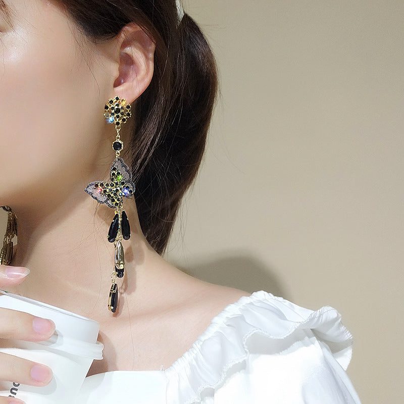 Black Butterfly Long Tassel Crystal Temperament Earrings