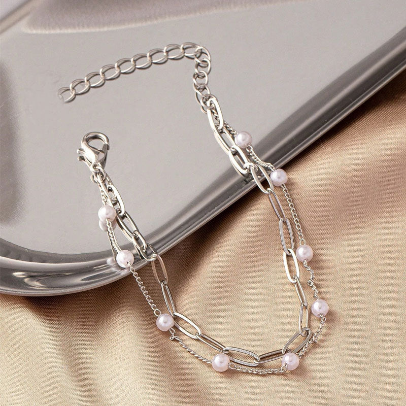 Women's Imitation Pearl Chain Metal Square For Simplicity Bracelets