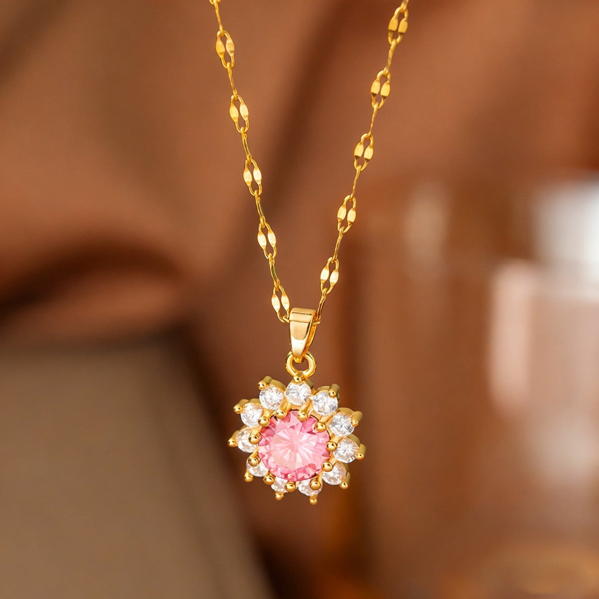 Steel Female Micro Inlaid Pink Diamond Necklace