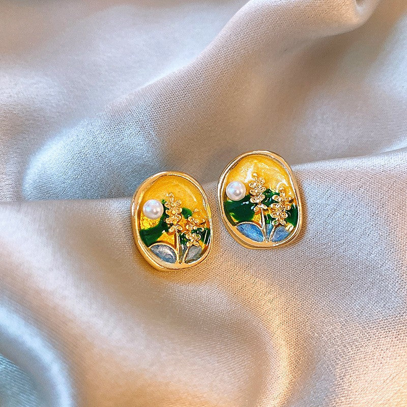 Jardin Monet Blue Glaze Flowers Pipa Pearl Chinese Retro Light Stud Earrings