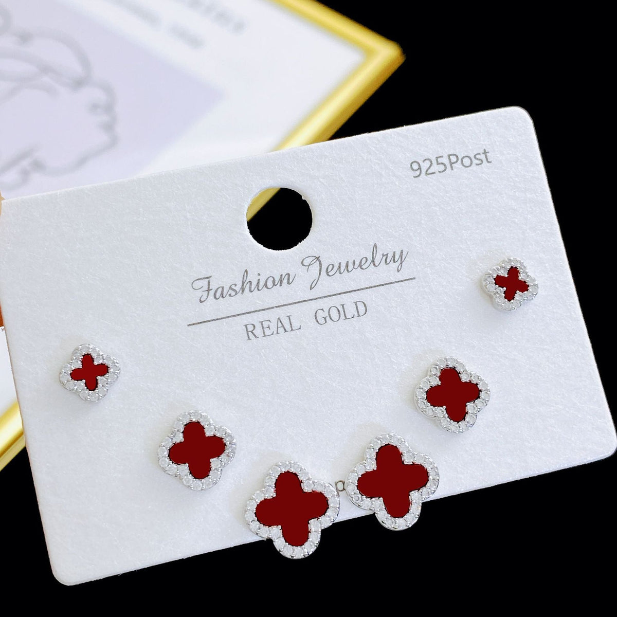 Exquisite Fashion Zircon Four-leaf Flower One Card Three Pairs Stud Earrings
