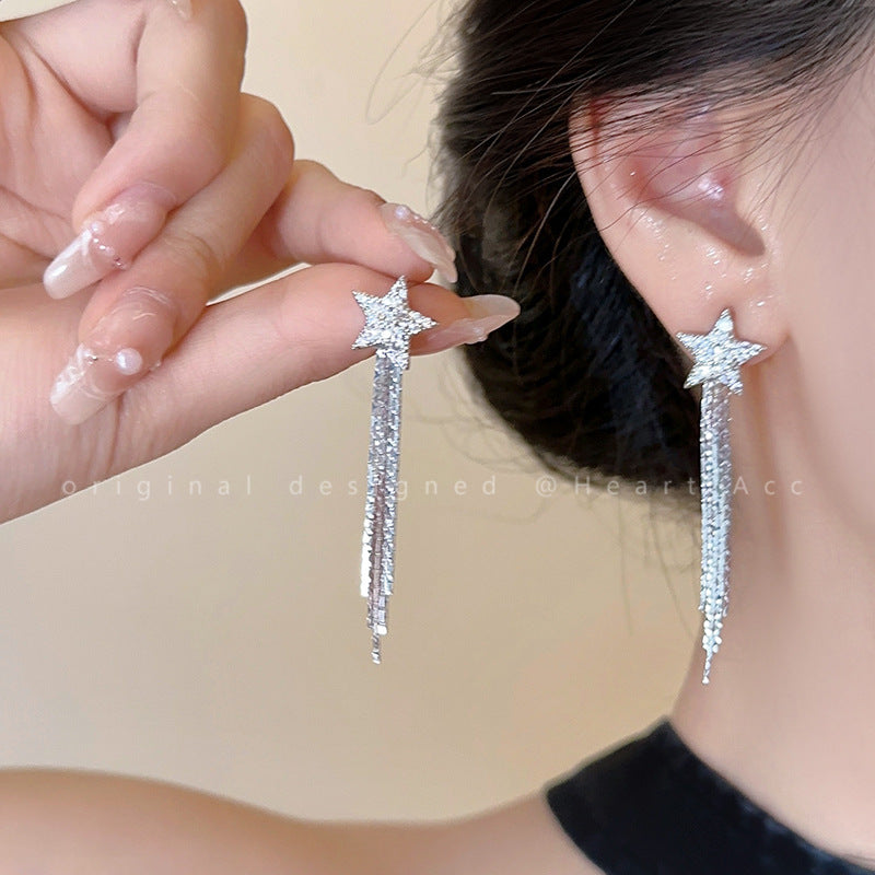Women's Sier Needle Long Fringed Zircon For Trendy Light Earrings