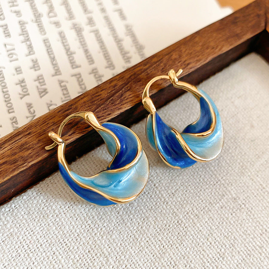 Jardin Monet Blue Glaze Flowers Pipa Pearl Chinese Retro Light Stud Earrings