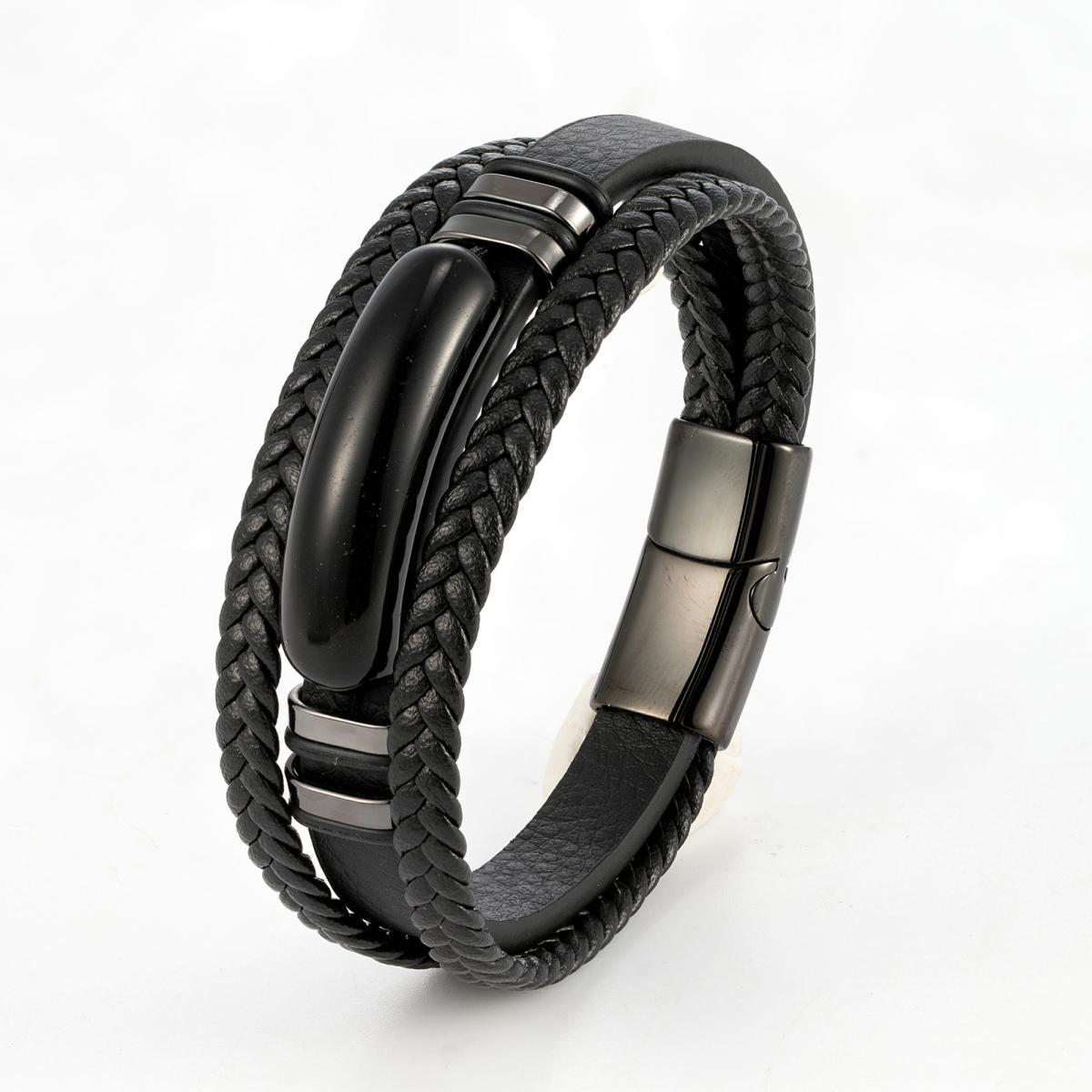 Men's Woven Leather Tigereye Obsidian Stitching Simple Bracelets
