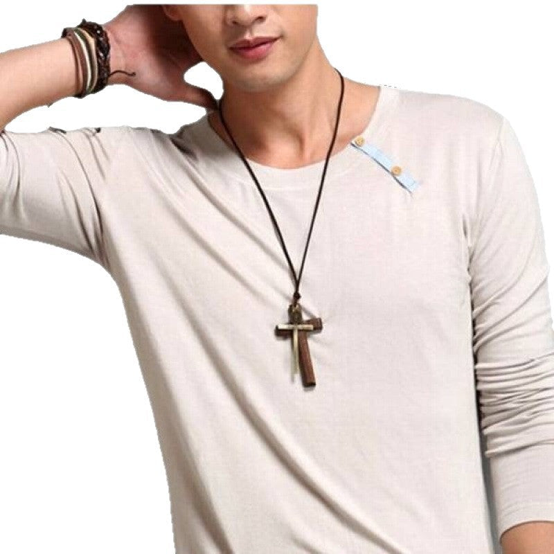 Retro Handmade Double Alloy Wood Cross Boys Long Sweater Chain Pendants