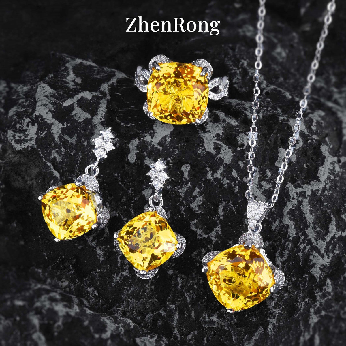 Carat Square Colored Gems Violet Yellow Jewelry Set