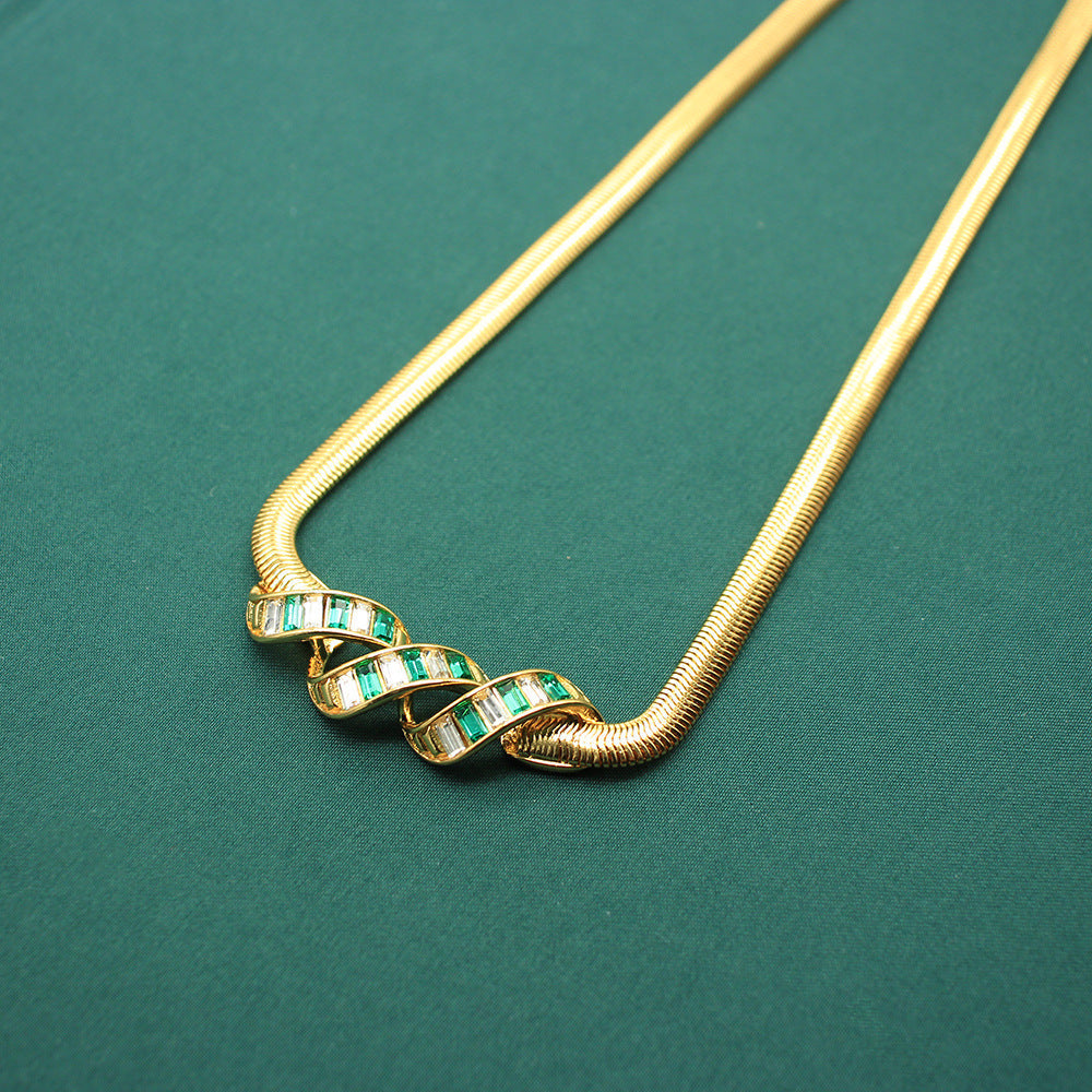 Snake Bones Chain Green Zircon Shaped Copper Plated Gold Light Necklaces