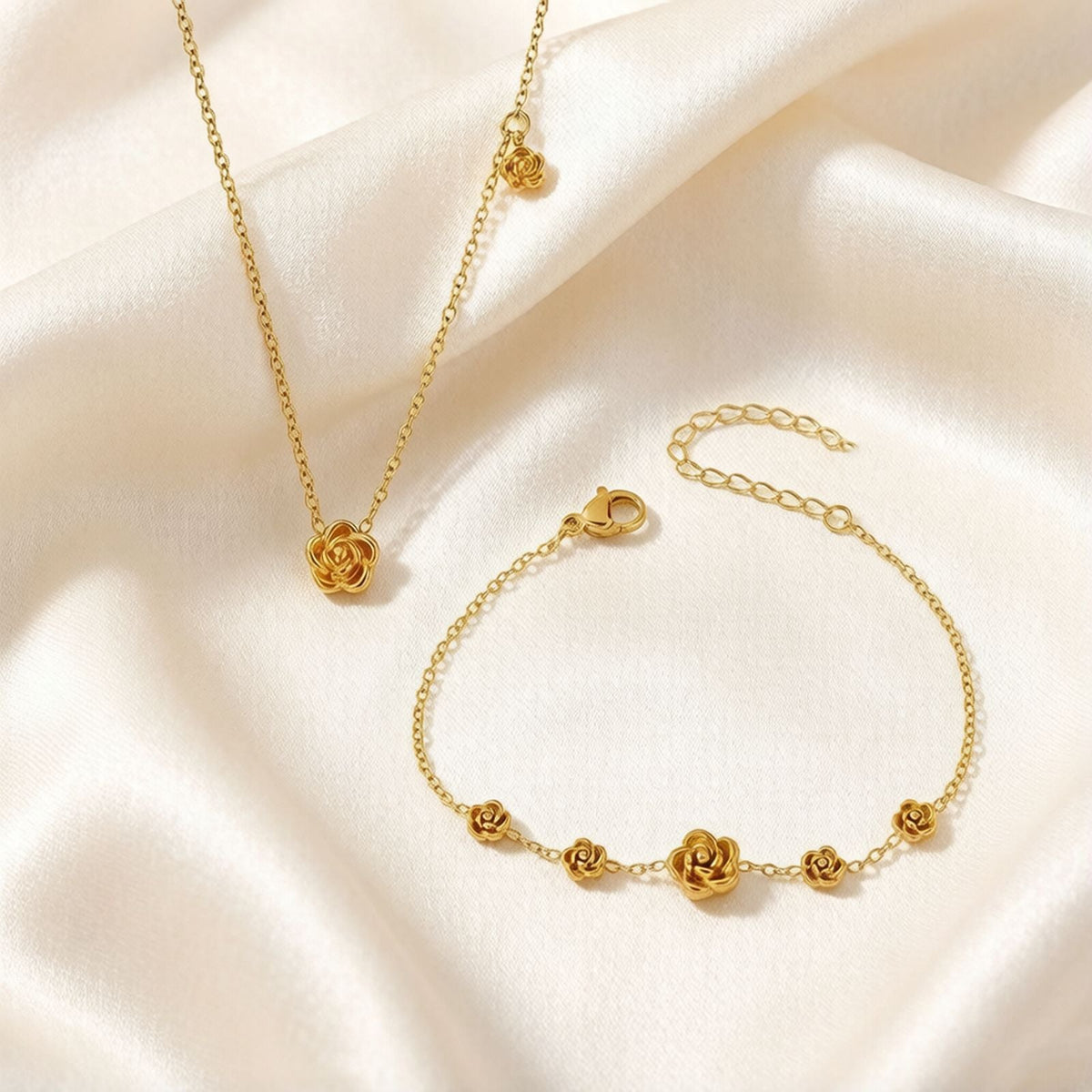 Women's Stainless Steel Retro Camellia Clavicle Chain Exquisite Twin Jewelry Set