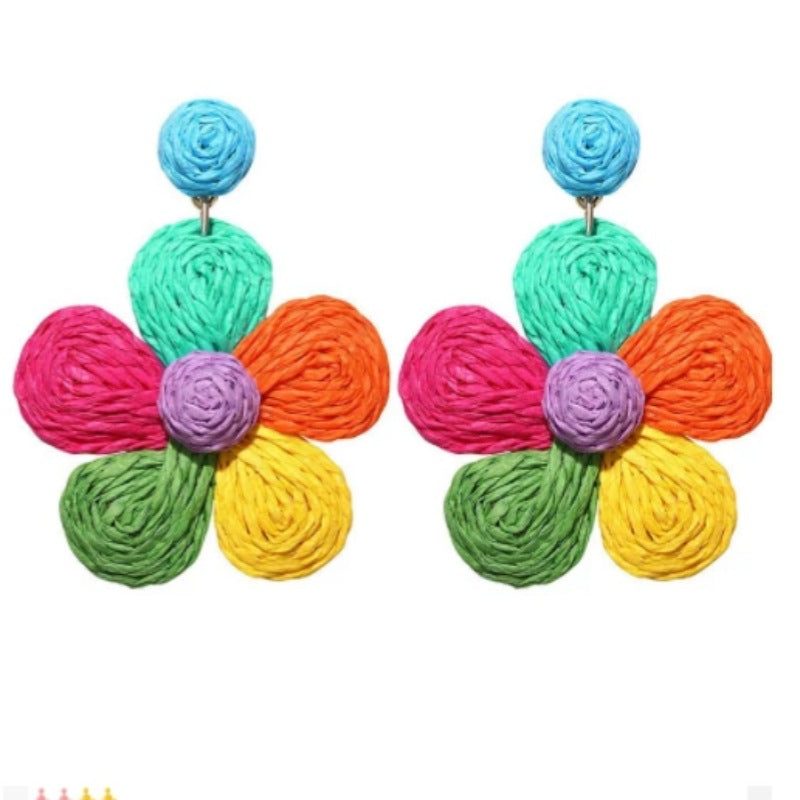 Women's High-grade Sweet Flowers Raffia Fashion Hand-knitted Earrings