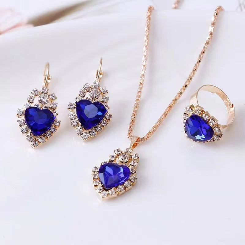 New Water Drop Heart-shaped Three-piece Jeweled Earrings