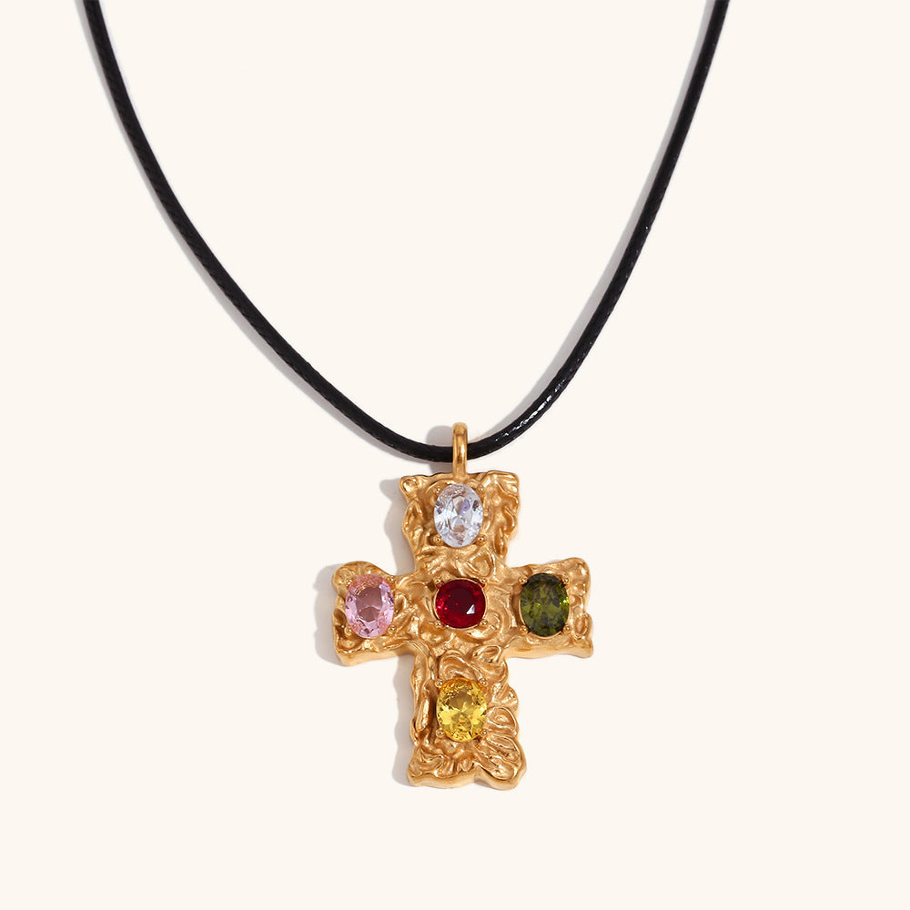 Luxury Fashion Stainless Steel Gold-plated Colorful Beating Cross Black Necklace